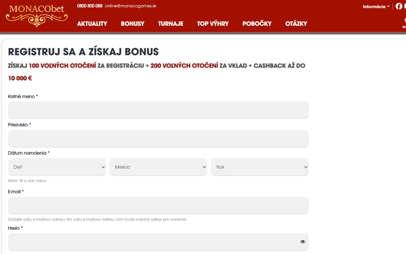 Registrácia MonacoBet Casino Slovensko